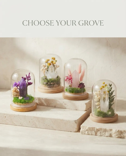 Four mini crystal groves under glass—amethyst, clear quartz, rose quartz and clear point—on stone steps