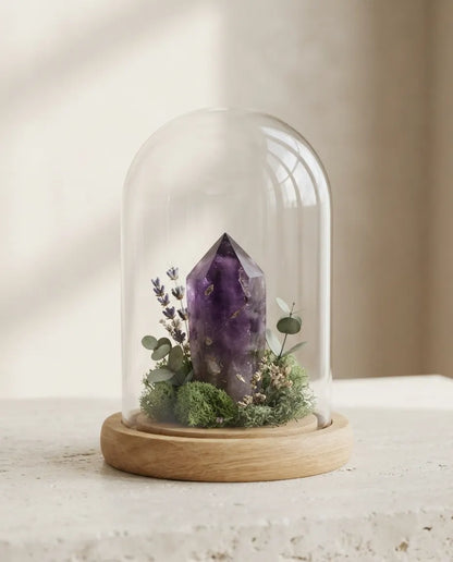 Amethyst tower under glass with moss, lavender and eucalyptus on a stone surface