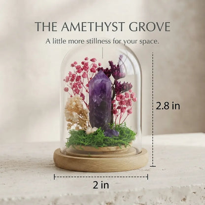 Amethyst grove size diagram: about 2 by 2.8 inches, titled “The Amethyst Grove”