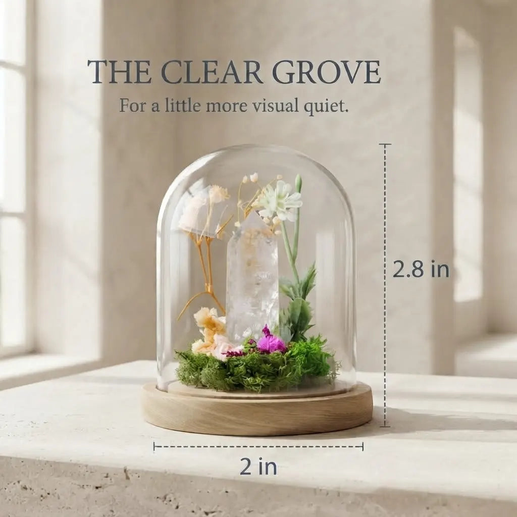 Clear quartz grove size diagram: about 2 by 2.8 inches, titled “The Clear Grove”