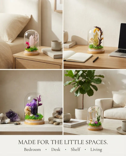 Four-room grid: rose grove on a nightstand, citrine on a desk, amethyst on a shelf, clear grove in the living room