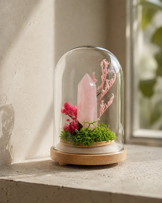 Rose quartz tower under a glass dome with moss and pink botanicals on a sunlit windowsill