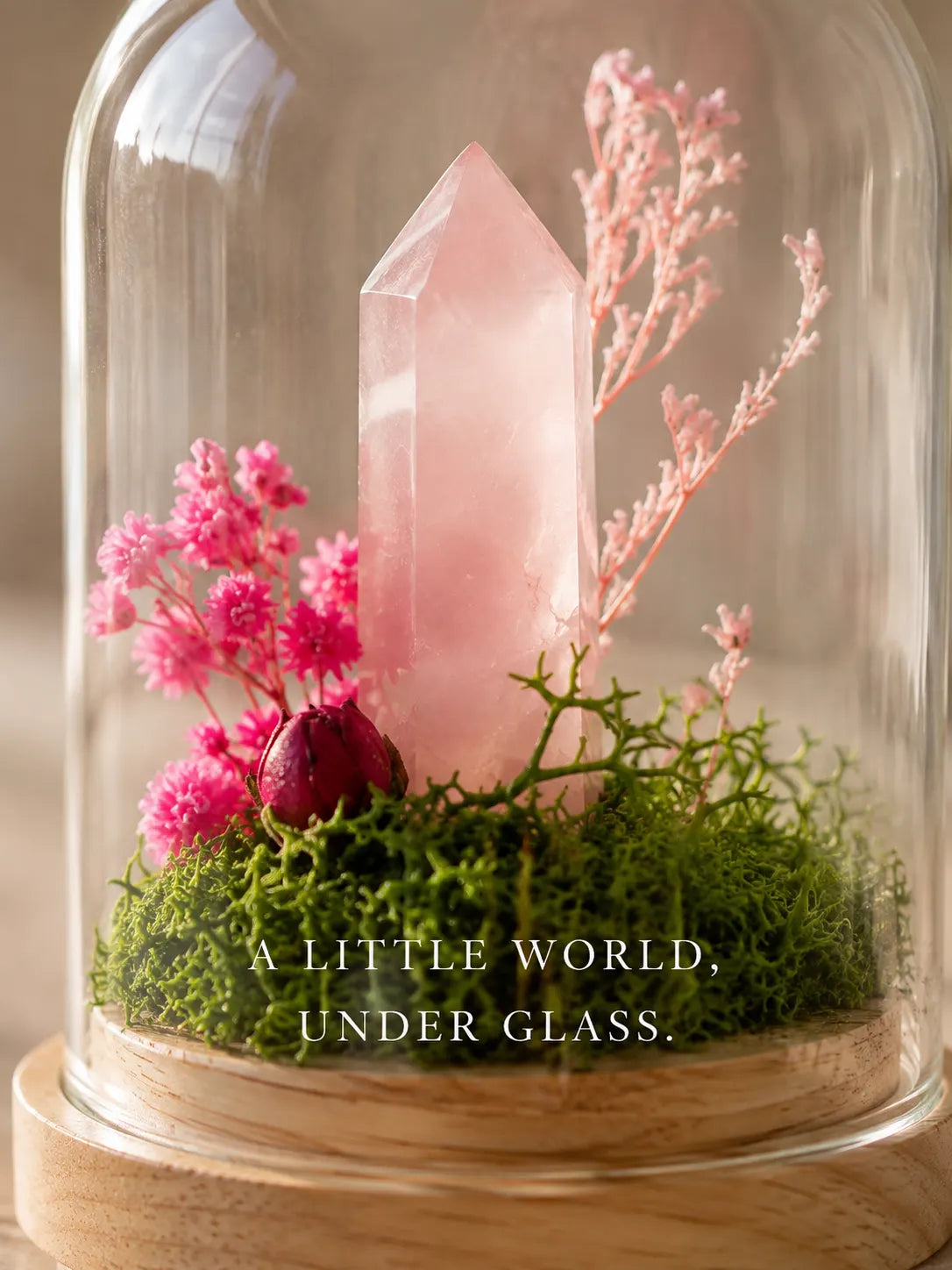 Close-up of a rose quartz point in moss and pink flowers under glass, with the line “A little world, under glass”
