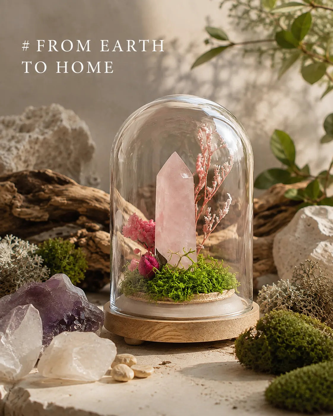 Rose quartz grove among raw crystals, moss and driftwood, labeled “From earth to home”