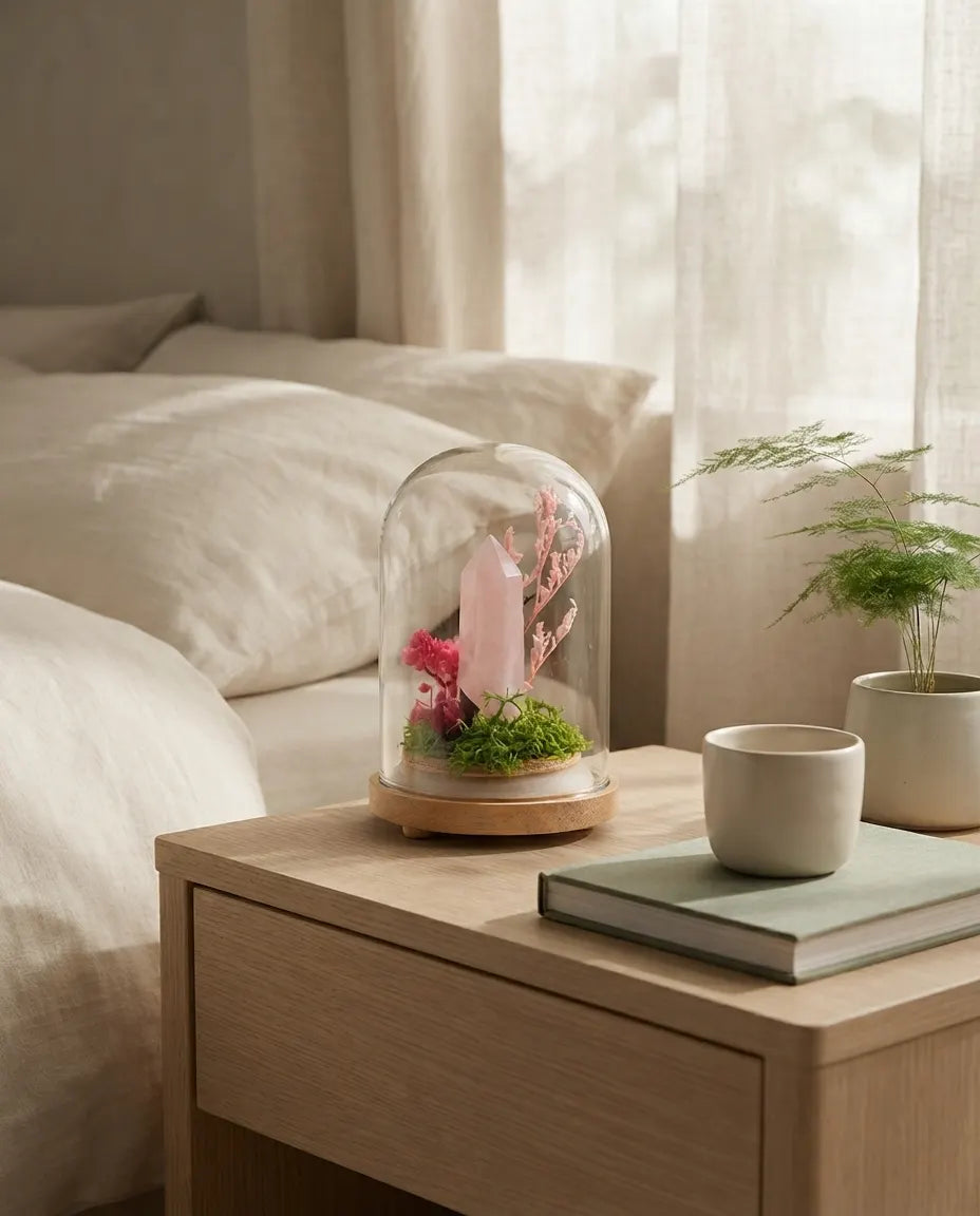 Rose quartz grove on a bedroom nightstand with a cup, book and plant