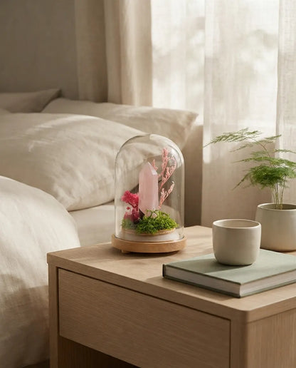 Rose quartz grove on a bedroom nightstand with a cup, book and plant