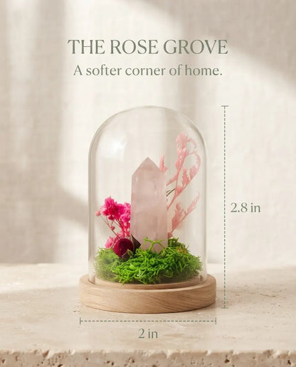 Rose quartz grove size diagram: about 2 by 2.8 inches, titled “The Rose Grove”