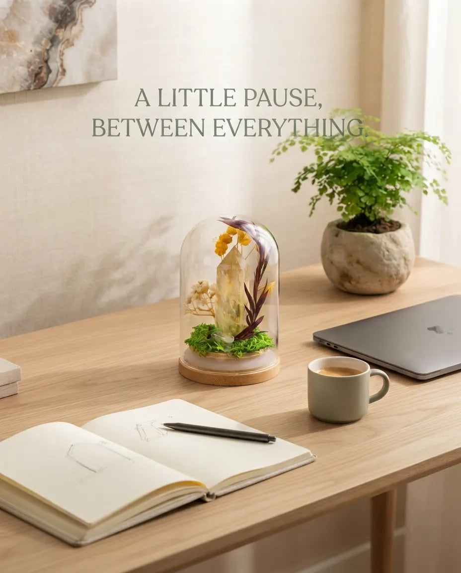 Citrine grove on a wood desk with a notebook, coffee and laptop