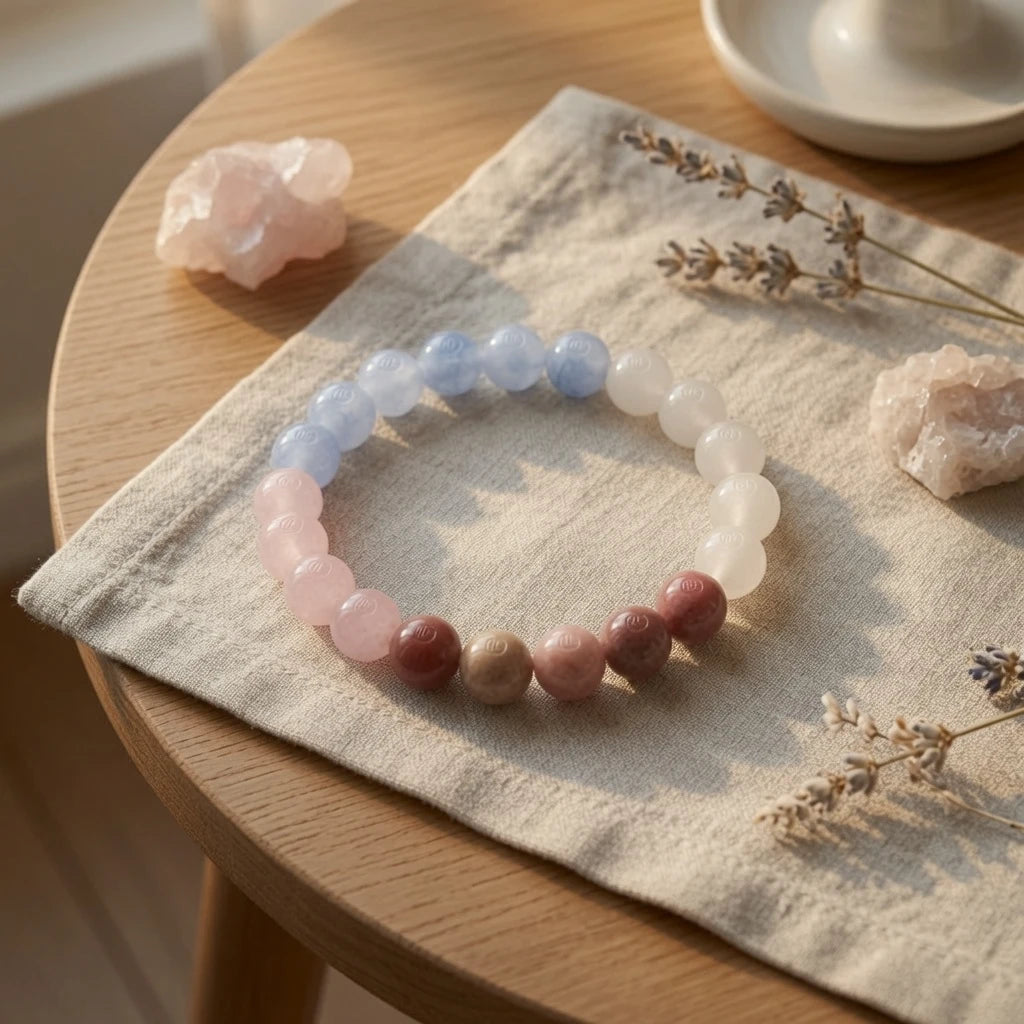 Close-up of moonstone, aquamarine, rose quartz and strawberry quartz beads