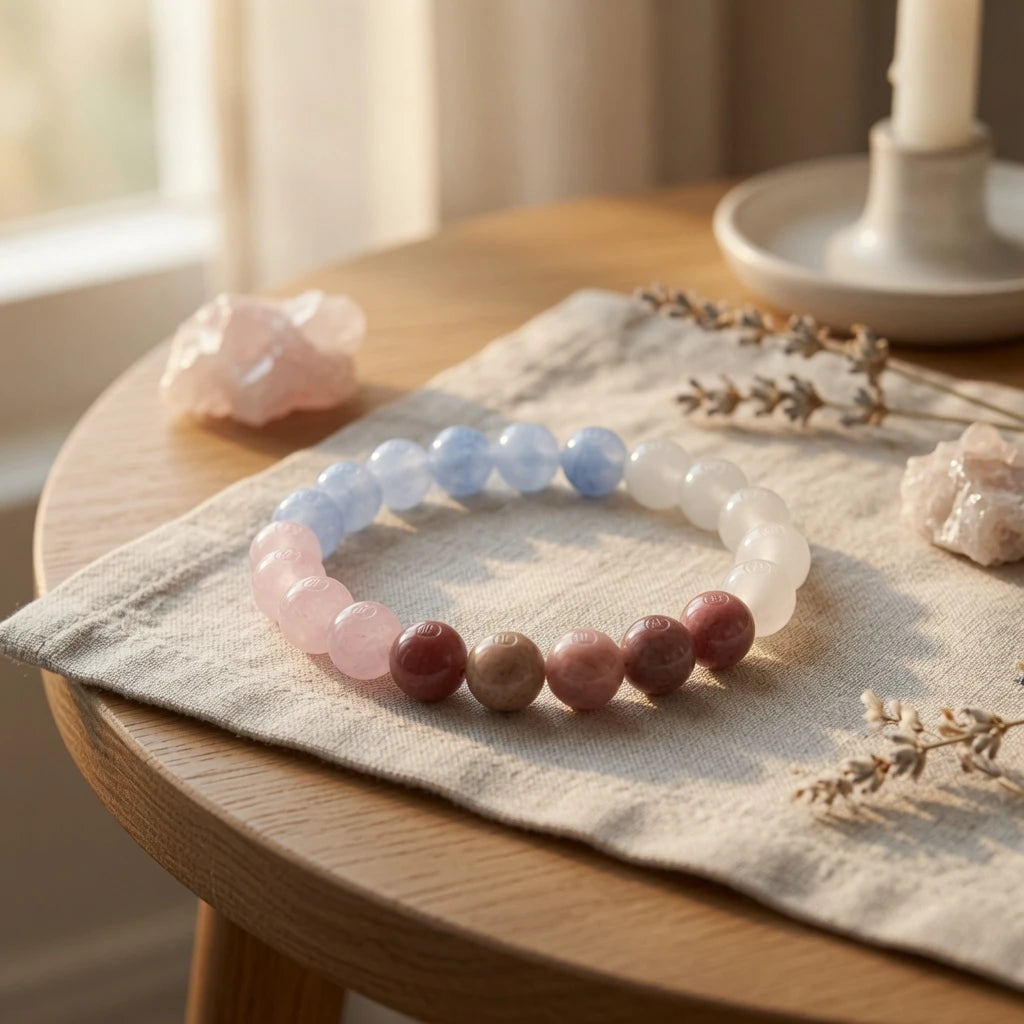 Pastel crystal bracelet showing 8mm bead size and elastic fit