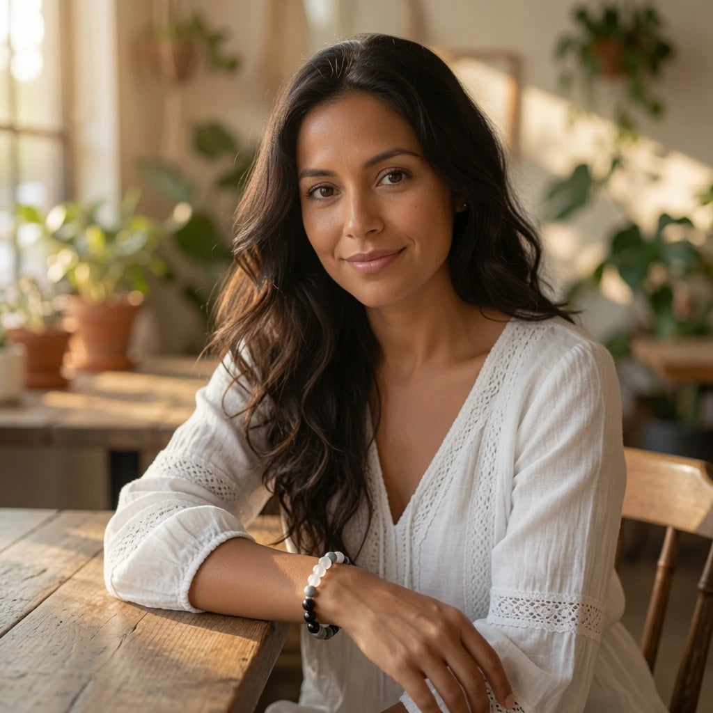 Woman wearing a monochrome moonstone and obsidian bracelet on her wrist