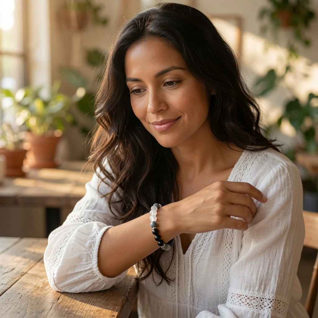 Woman wearing a black and white obsidian moonstone bracelet on his wrist