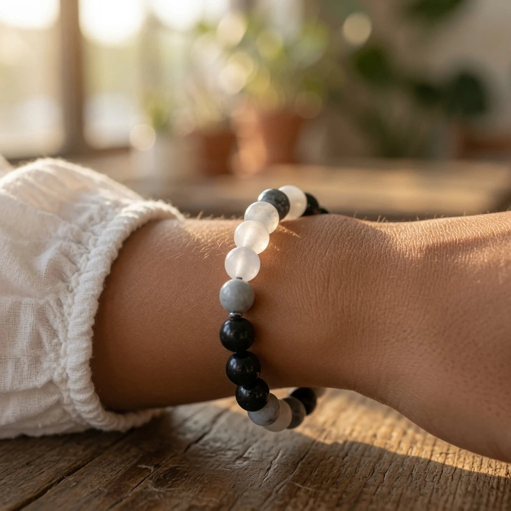 Minimal black white gray stretch bracelet styled for everyday wear