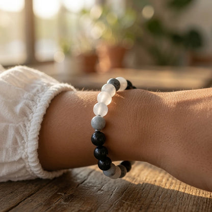 Minimal black white gray stretch bracelet styled for everyday wear