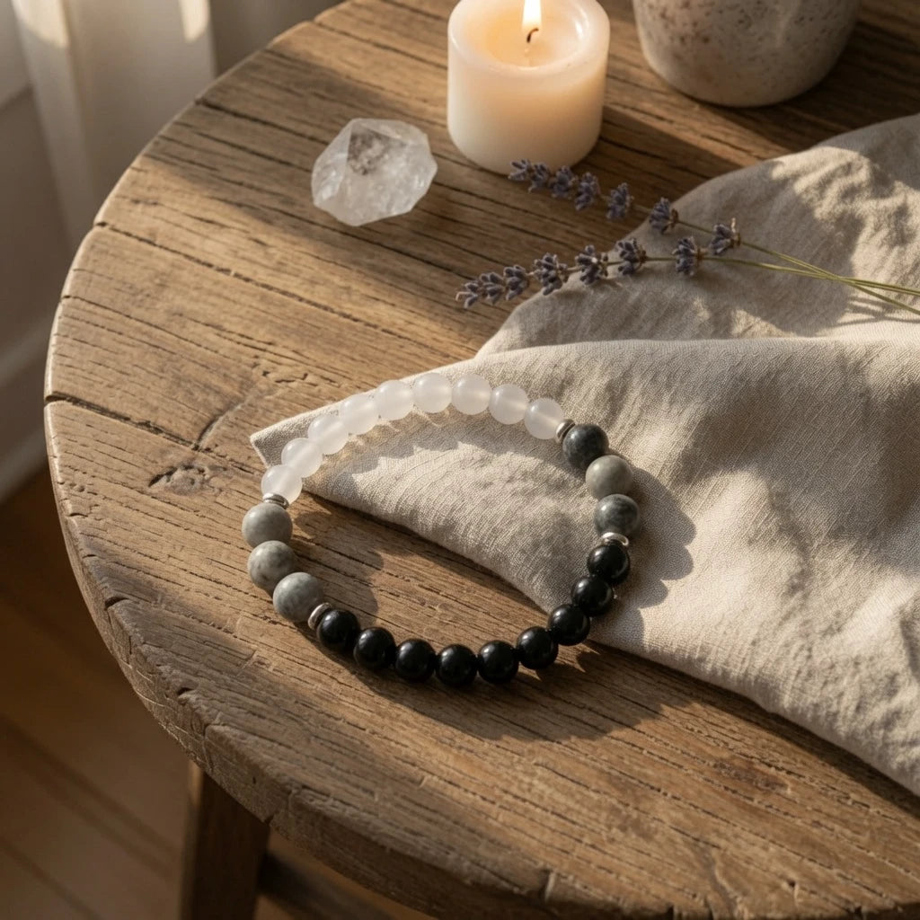 Close-up of white moonstone, gray stone and black obsidian beads with silver spacer