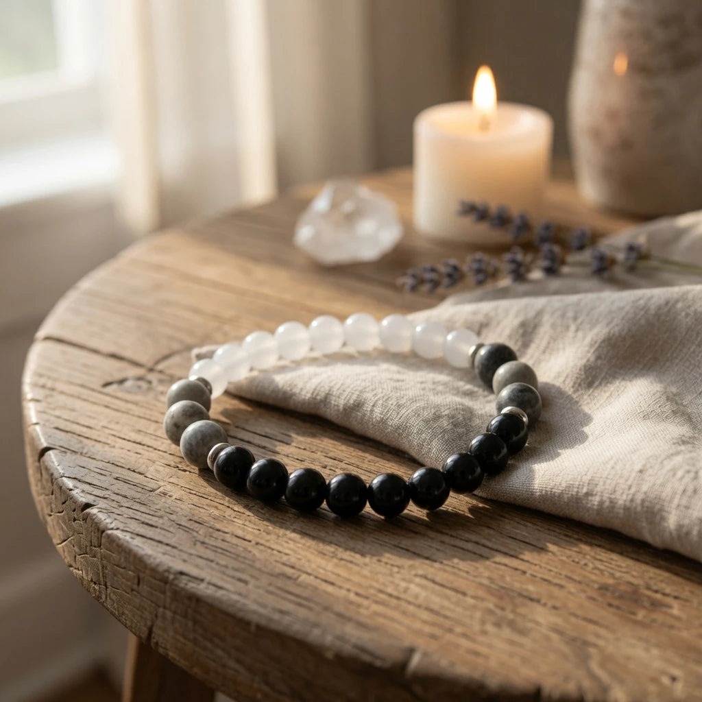 Moonstone obsidian bracelet showing 8mm bead size and elastic fit