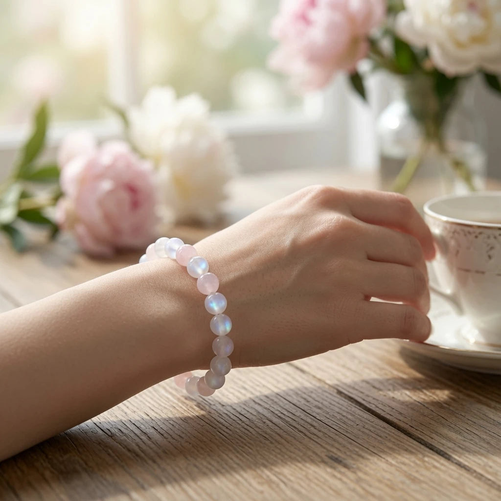Close-up of pink rose quartz beads and moonstone with blue shimmer