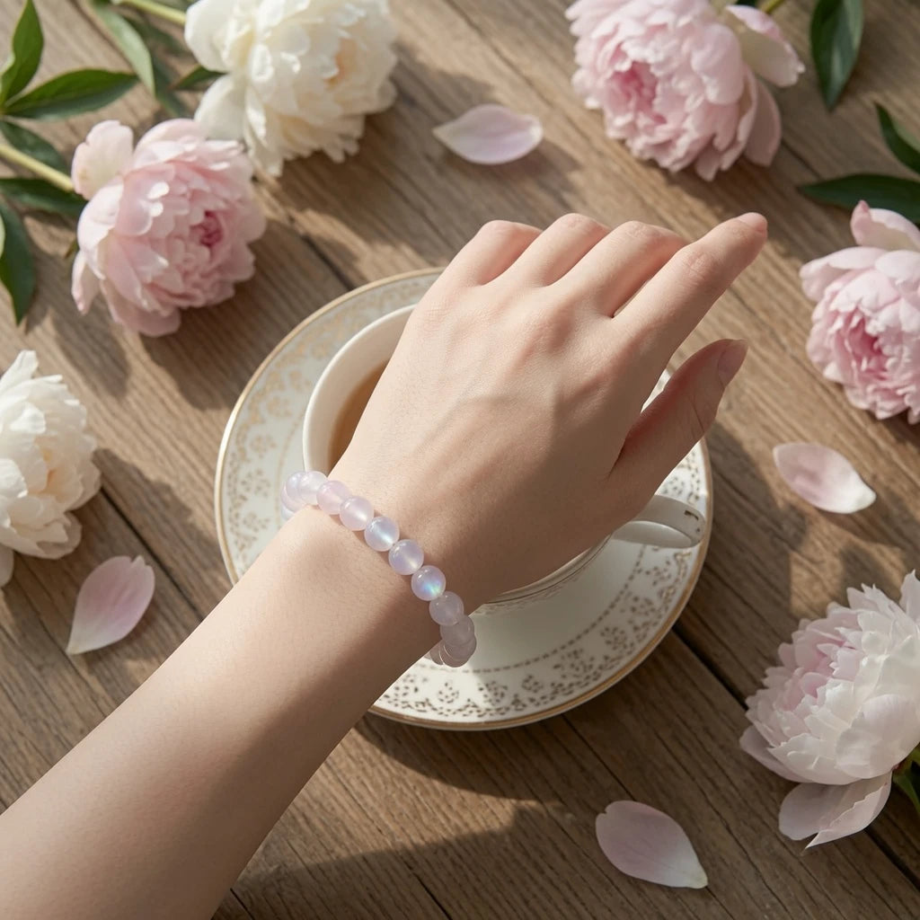 Rose quartz moonstone bracelet showing 8mm bead size and elastic fit