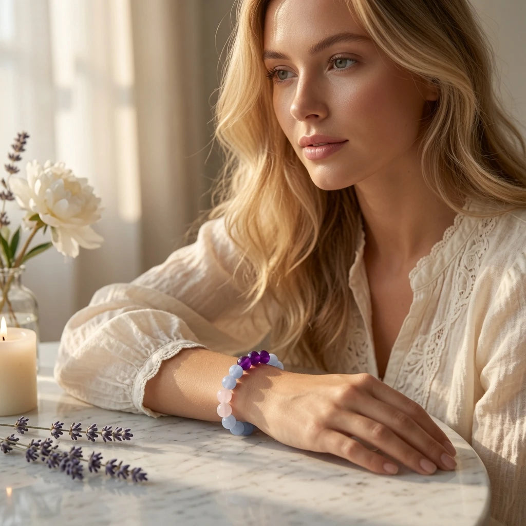 Woman wearing a pastel four-stone crystal bracelet on her wrist