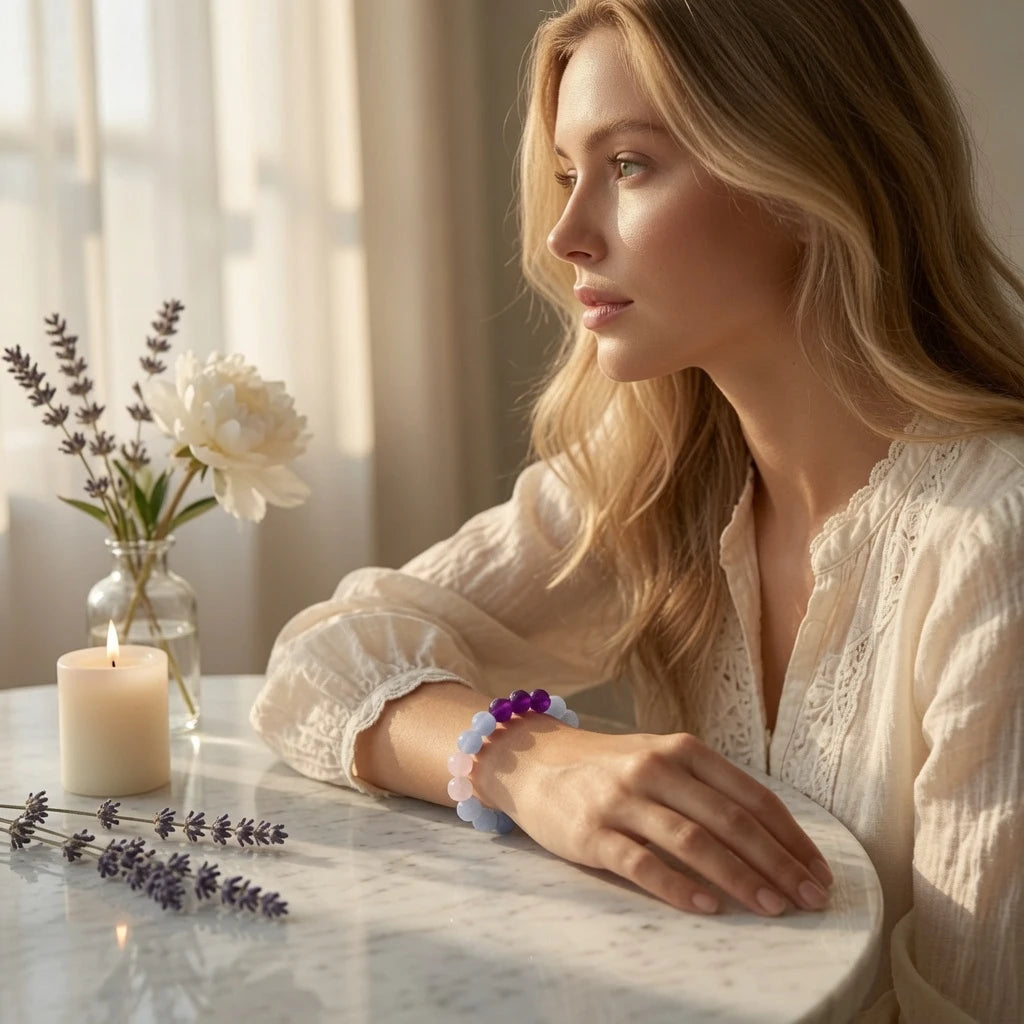 Moonstone rose quartz aquamarine amethyst stretch bracelet styled for everyday wear