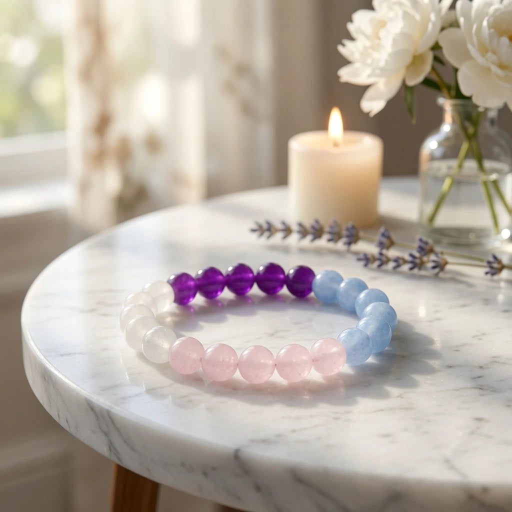 Close-up of moonstone, rose quartz, aquamarine and amethyst beads