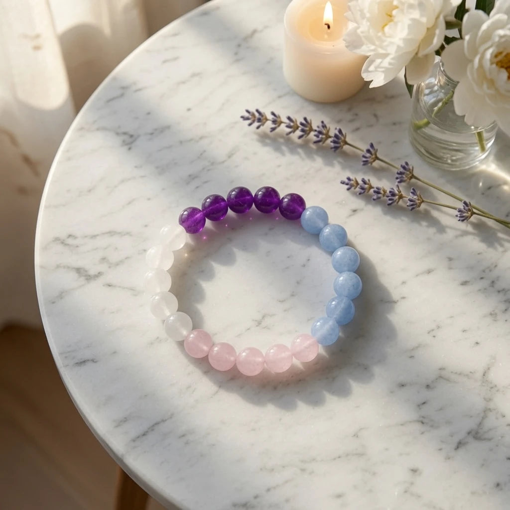 Pastel crystal bracelet showing 8mm bead size and elastic fit