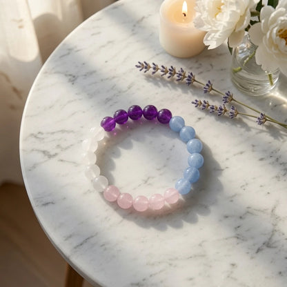 Pastel crystal bracelet showing 8mm bead size and elastic fit