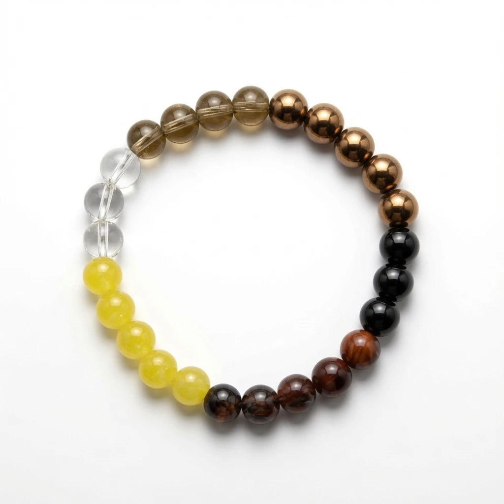 Multi-stone earth tone bracelet with clear quartz, smoky quartz, yellow chalcedony and agate beads, flat lay