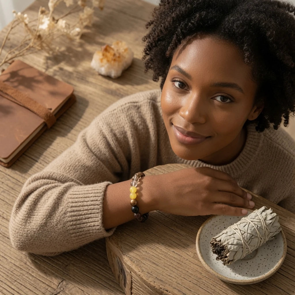 Woman wearing an earth tone multi-stone crystal bracelet on her wrist