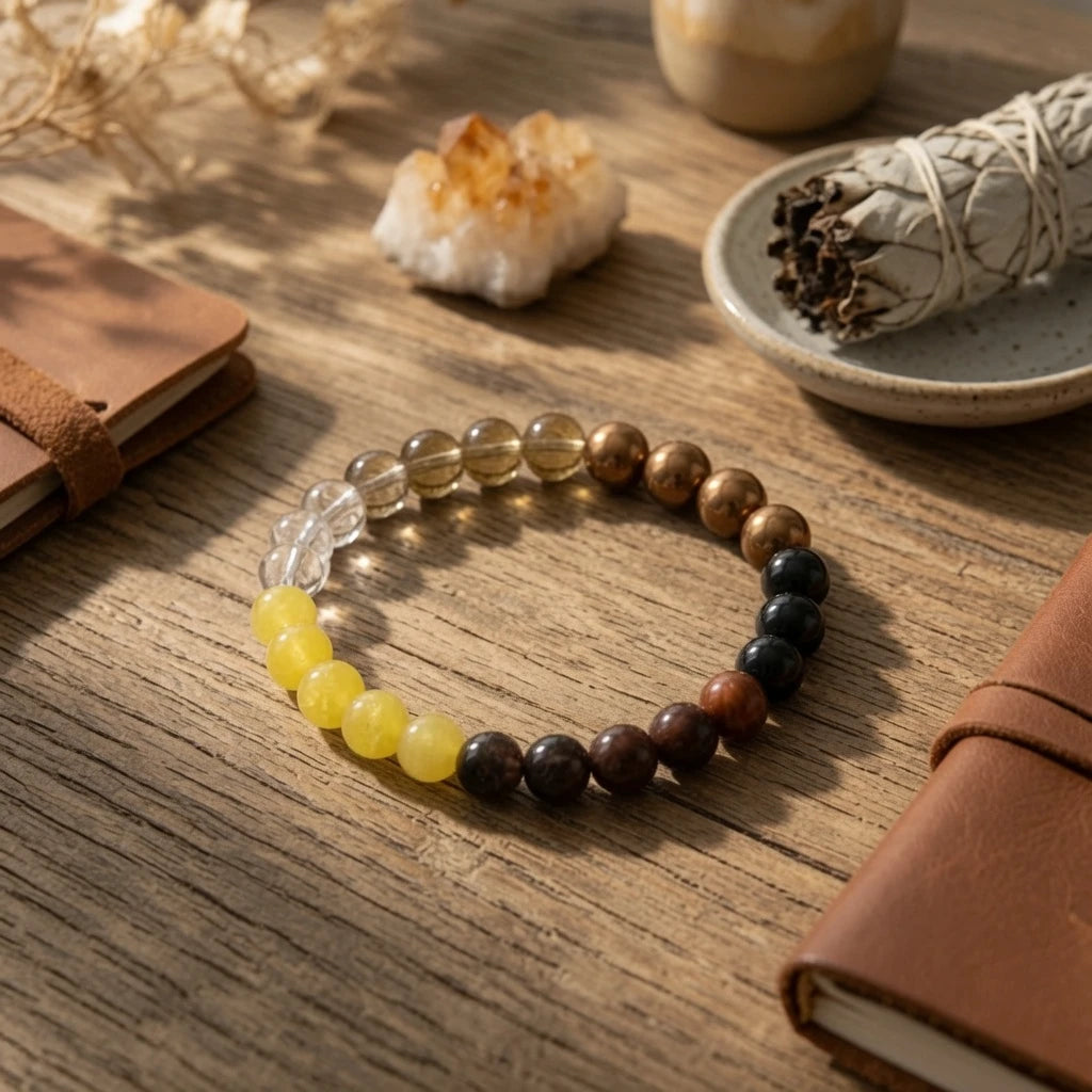 Warm earth tone stretch bracelet with metallic accent bead, everyday wear