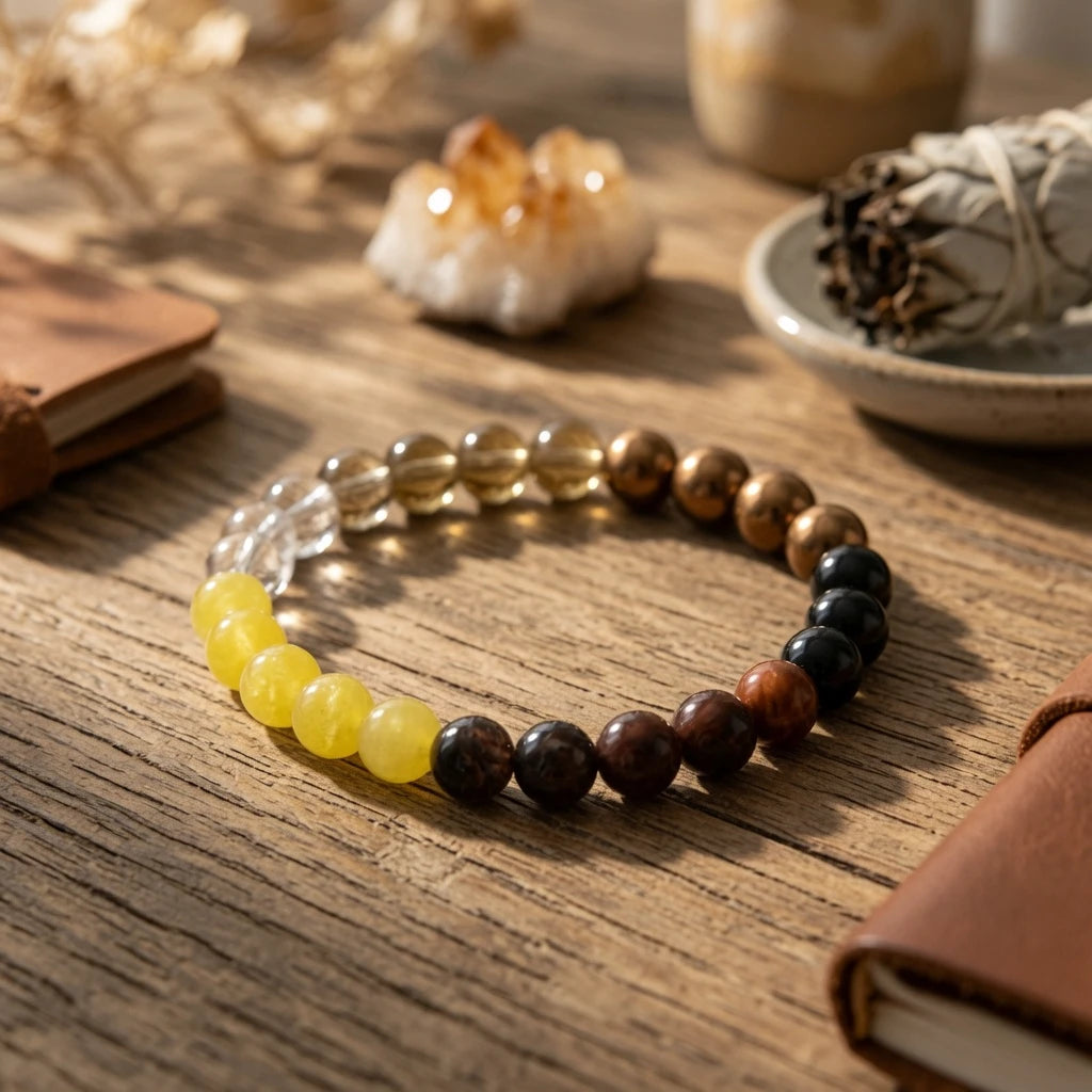 Close-up of clear quartz, smoky quartz, yellow chalcedony, black and red agate beads