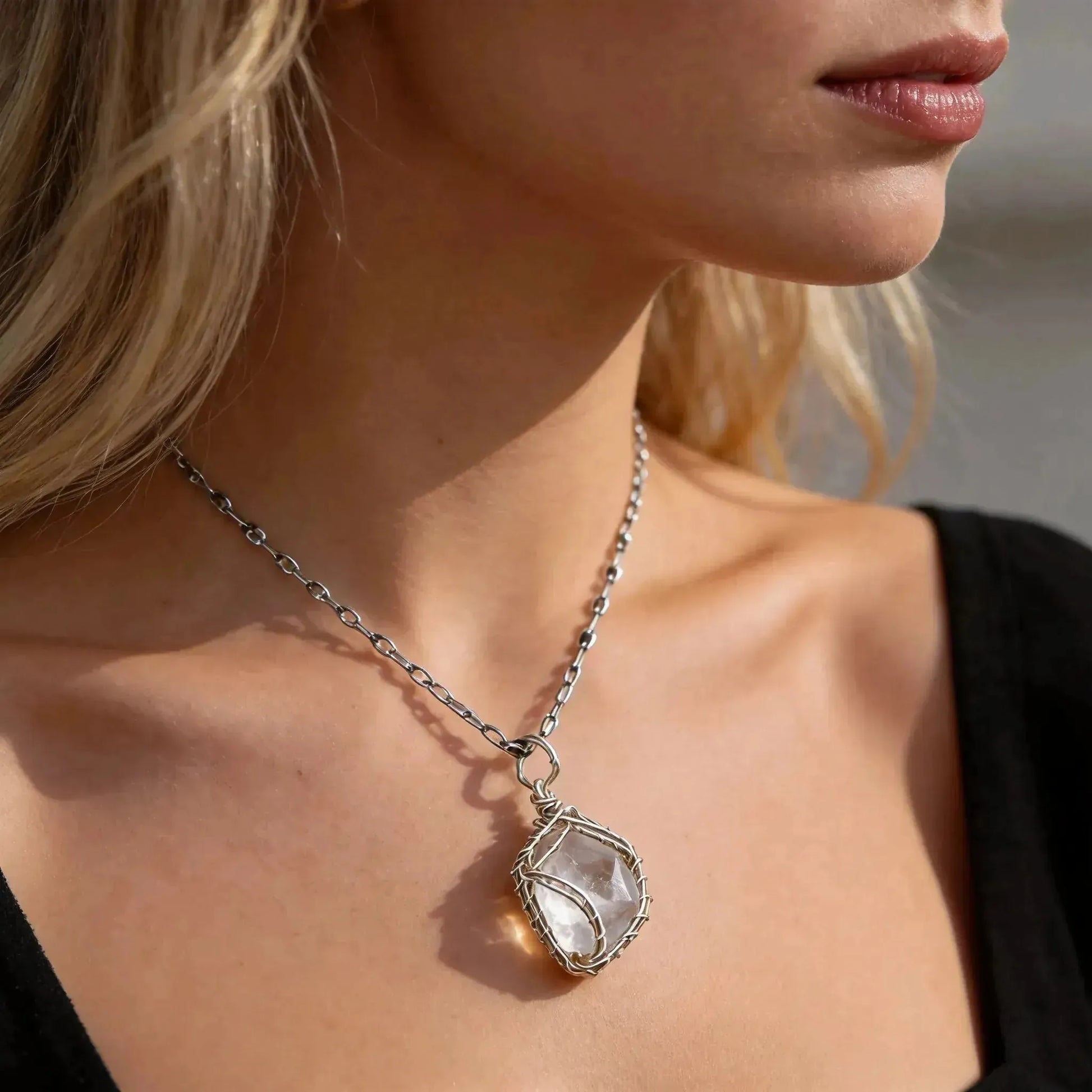 CHIGROVE Wire Wrapped Natural Clear Quartz Necklace | Healing Crystal Jewelry for Women Daily Wear & Self Care - ChiGrove