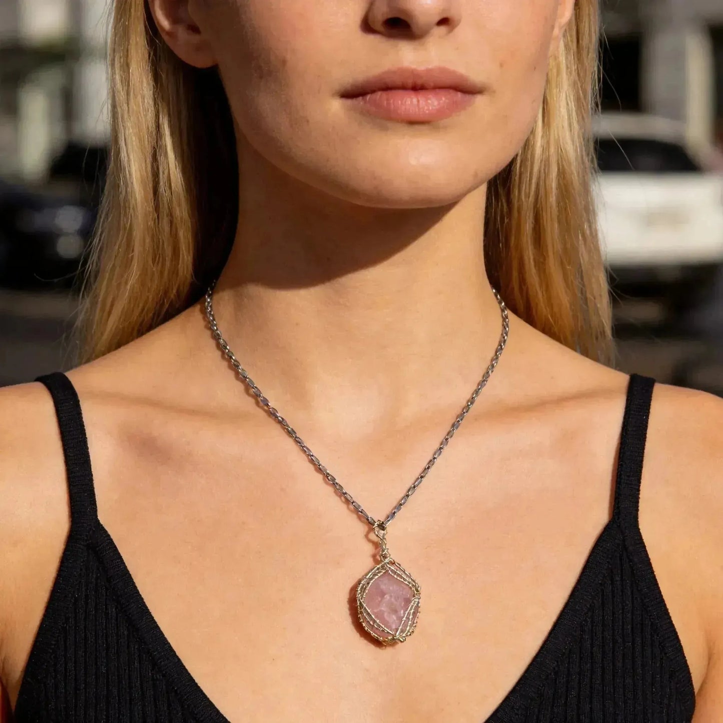 CHIGROVE Wire Wrapped Natural Rose Quartz Necklace | Healing Jewelry for Women Self Care Gifts - ChiGrove