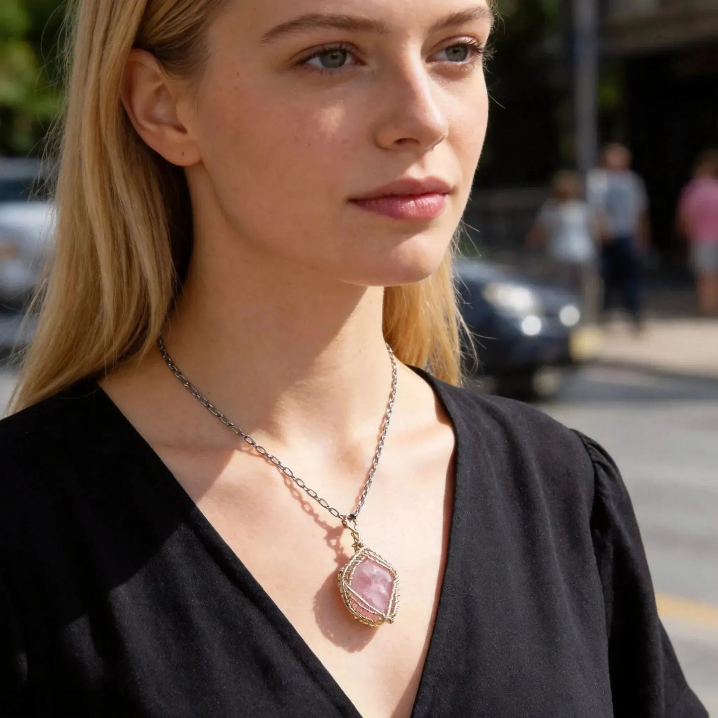 CHIGROVE Wire Wrapped Natural Rose Quartz Necklace | Healing Jewelry for Women Self Care Gifts - ChiGrove