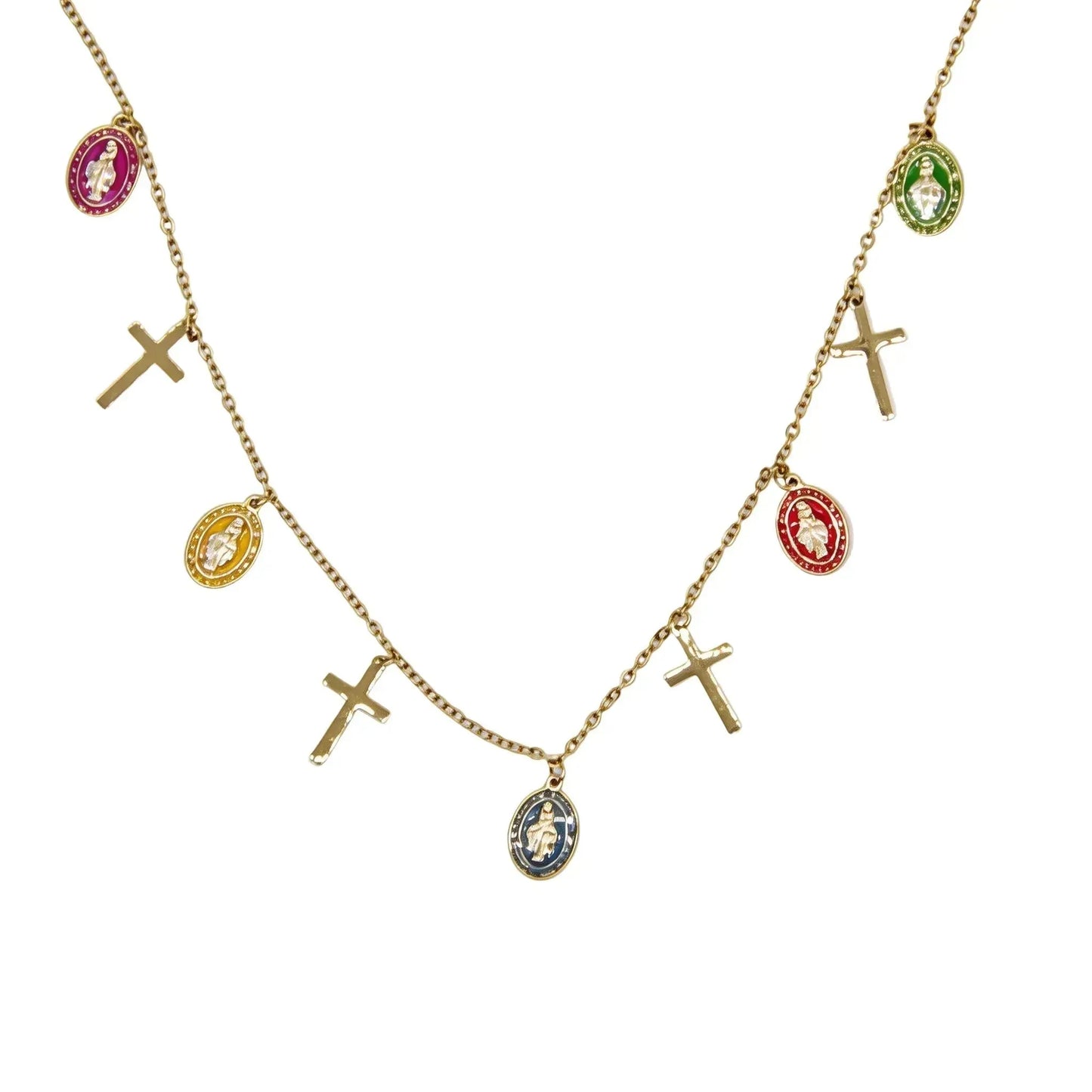 CHIGROVE 14K Gold Plated Enamel Virgin Mary Cross Necklace | Religious Jewelry for Women Spiritual Gifts - ChiGrove