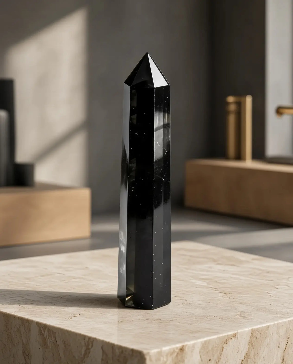 Obsidian crystal tower displayed on a stone pedestal