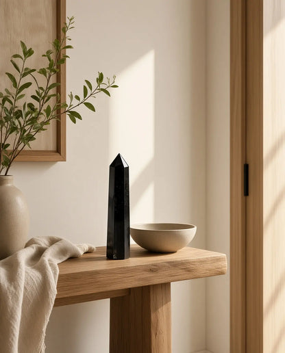 Obsidian crystal tower on a wooden console with bowl and greenery