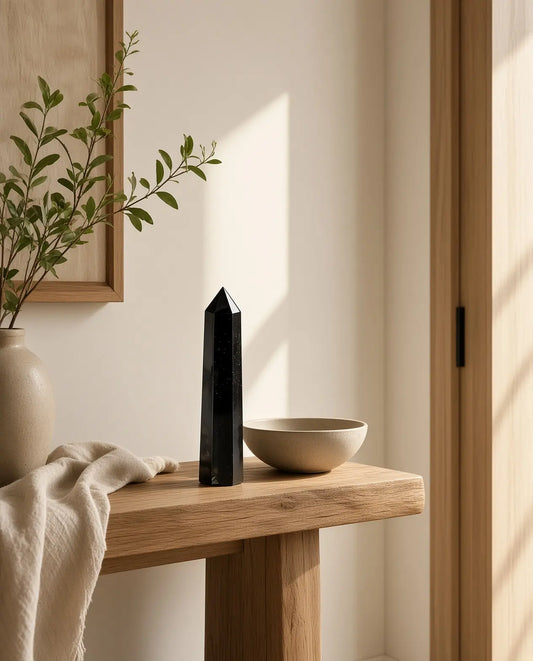 Obsidian crystal tower on a wooden console with bowl and greenery