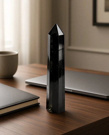 Obsidian crystal tower on a workspace desk with laptop and notebook