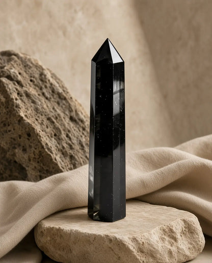 Obsidian crystal tower on stone styled with linen and natural rock