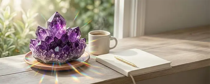 Sunlit amethyst crystal cluster with rainbow light refractions on a desk