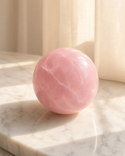 Rose quartz sphere on a marble surface in sunlight