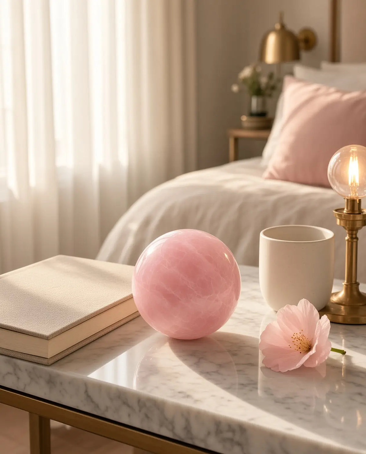 Rose quartz sphere styled on a bedroom nightstand
