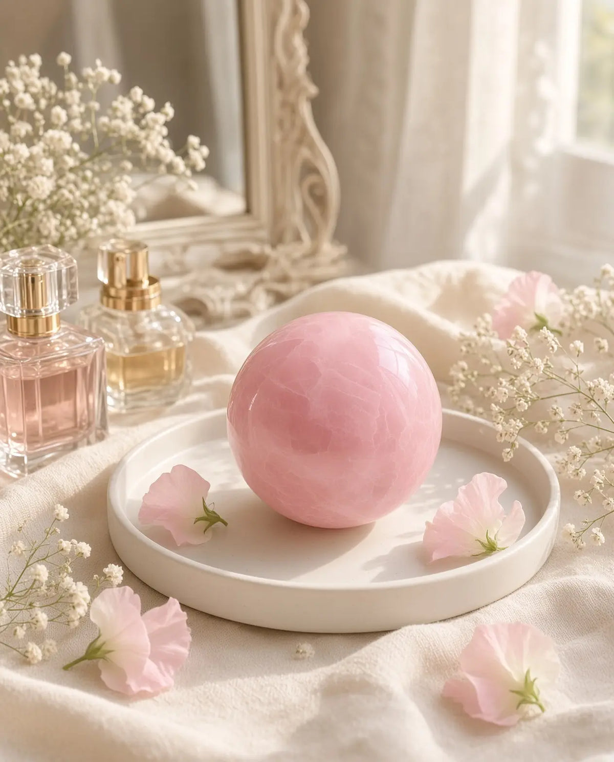 Rose quartz sphere on a vanity tray with flowers and perfume
