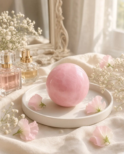 Rose quartz sphere on a vanity tray with flowers and perfume