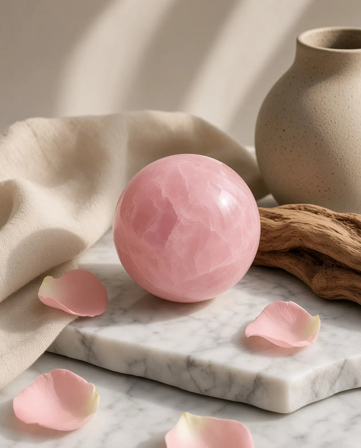 Rose quartz sphere styled with linen, driftwood and petals
