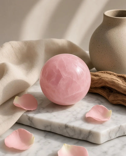 Rose quartz sphere styled with linen, driftwood and petals