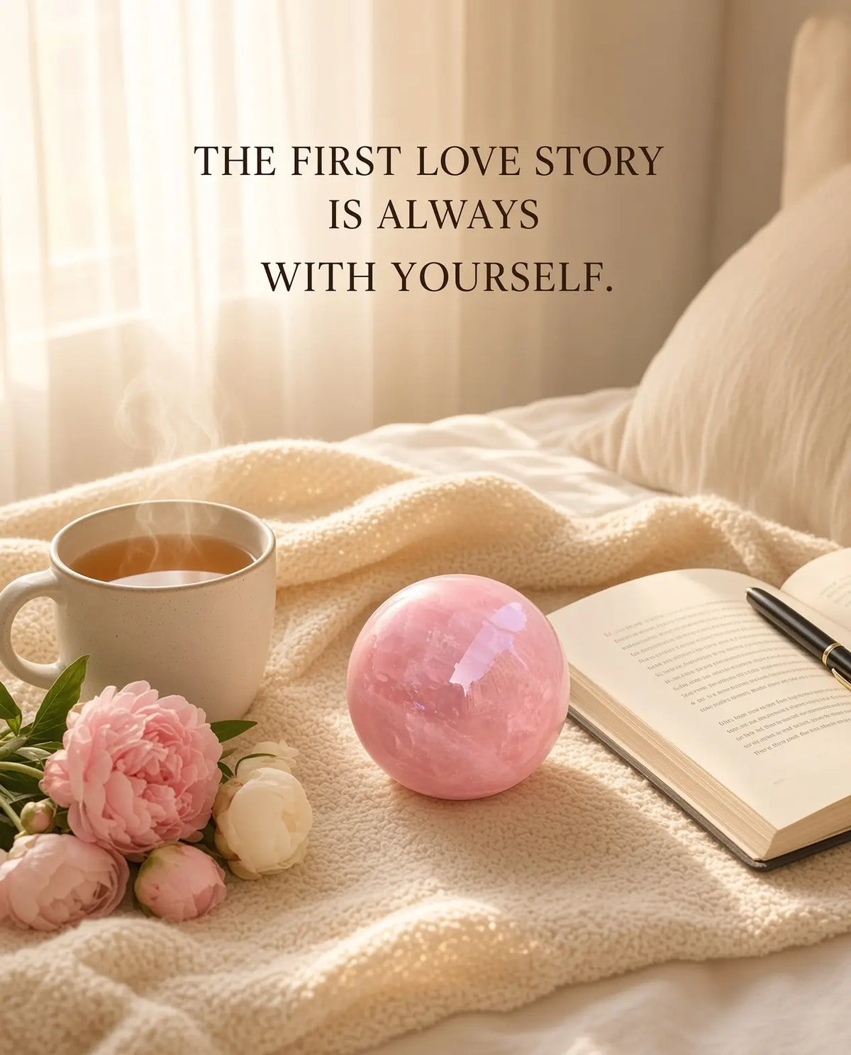 Rose quartz sphere styled with tea, flowers and a book