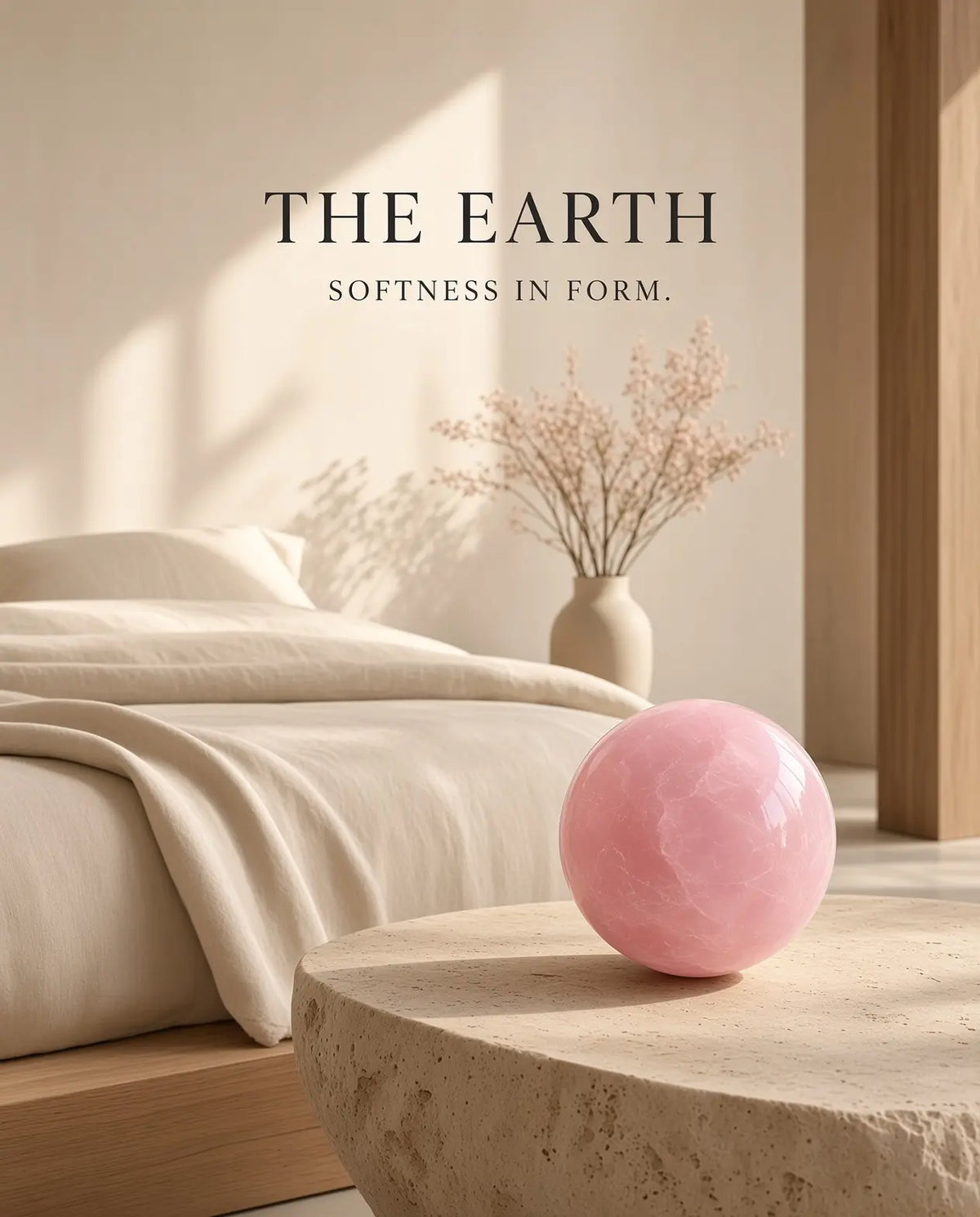 Rose quartz sphere on a stone table with “The Earth” brand text