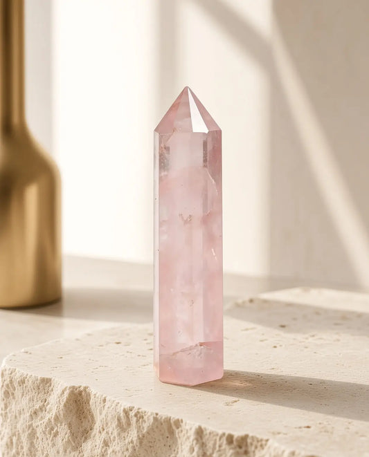 Rose quartz crystal tower displayed on a stone pedestal
